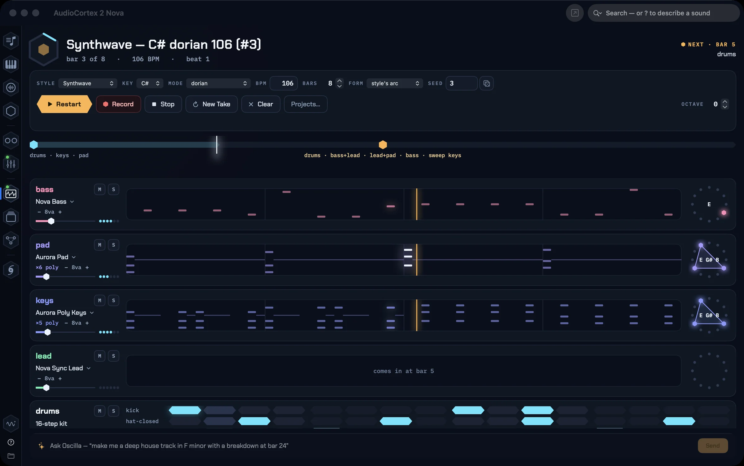 The Arranger playing a Synthwave arrangement in C♯ dorian: a timeline of sections, lanes for bass, pad, keys, lead and drums lighting as they play