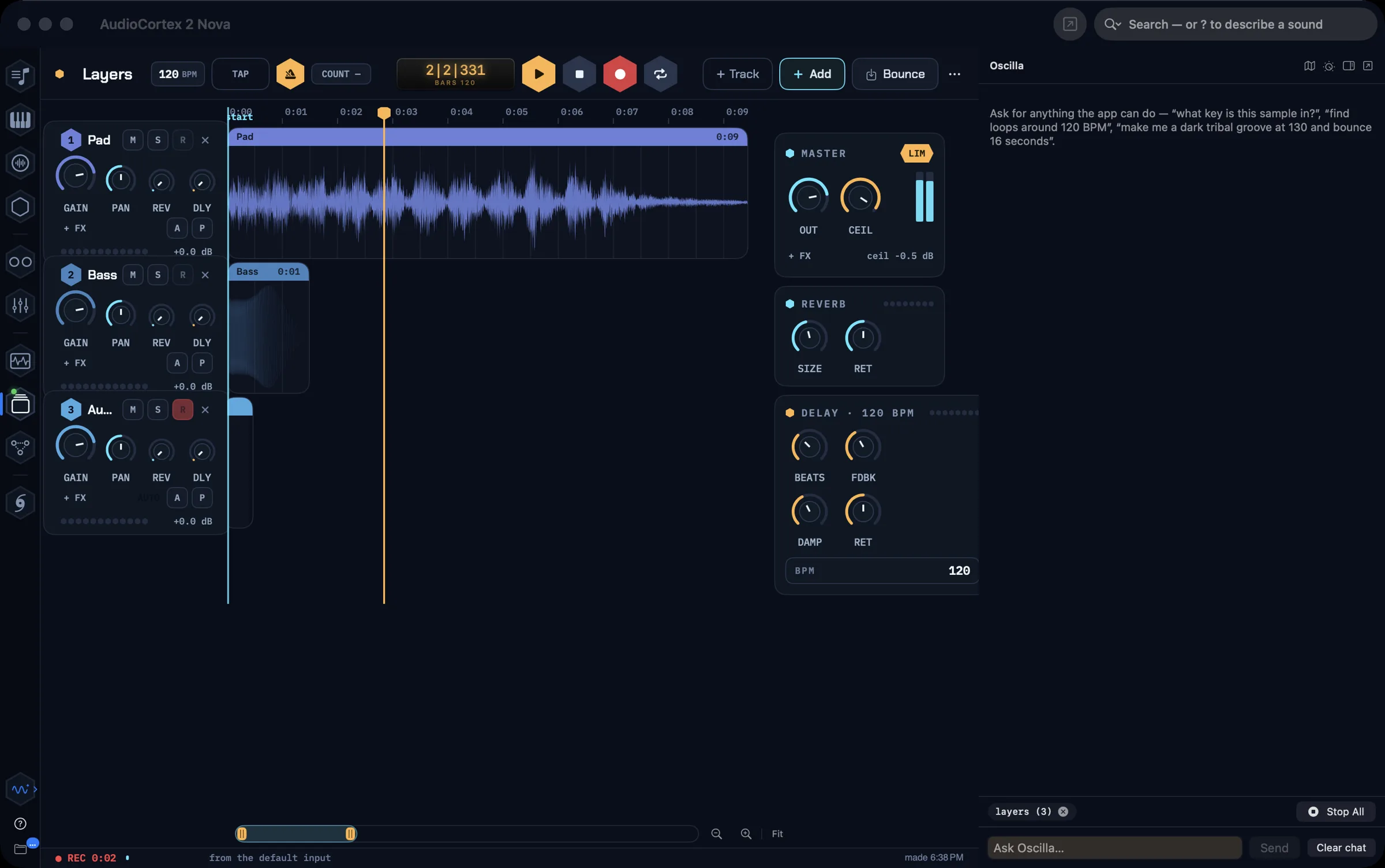 Tracks with the new bar: the set Layers at 120 BPM with TAP, the metronome and COUNT on the left, Play, Stop, Record and Loop in the middle, + Track, Add, Bounce and a menu on the right, all beside the open Oscilla pane; a status line under the lanes reads REC 0:02 from the default input