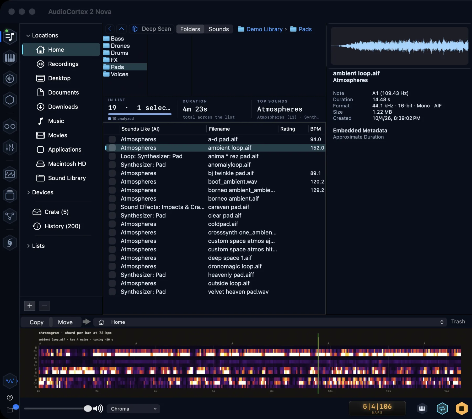 The Library with the preview strip on Chroma: a chromagram of the pad, a chord per bar, key A major
