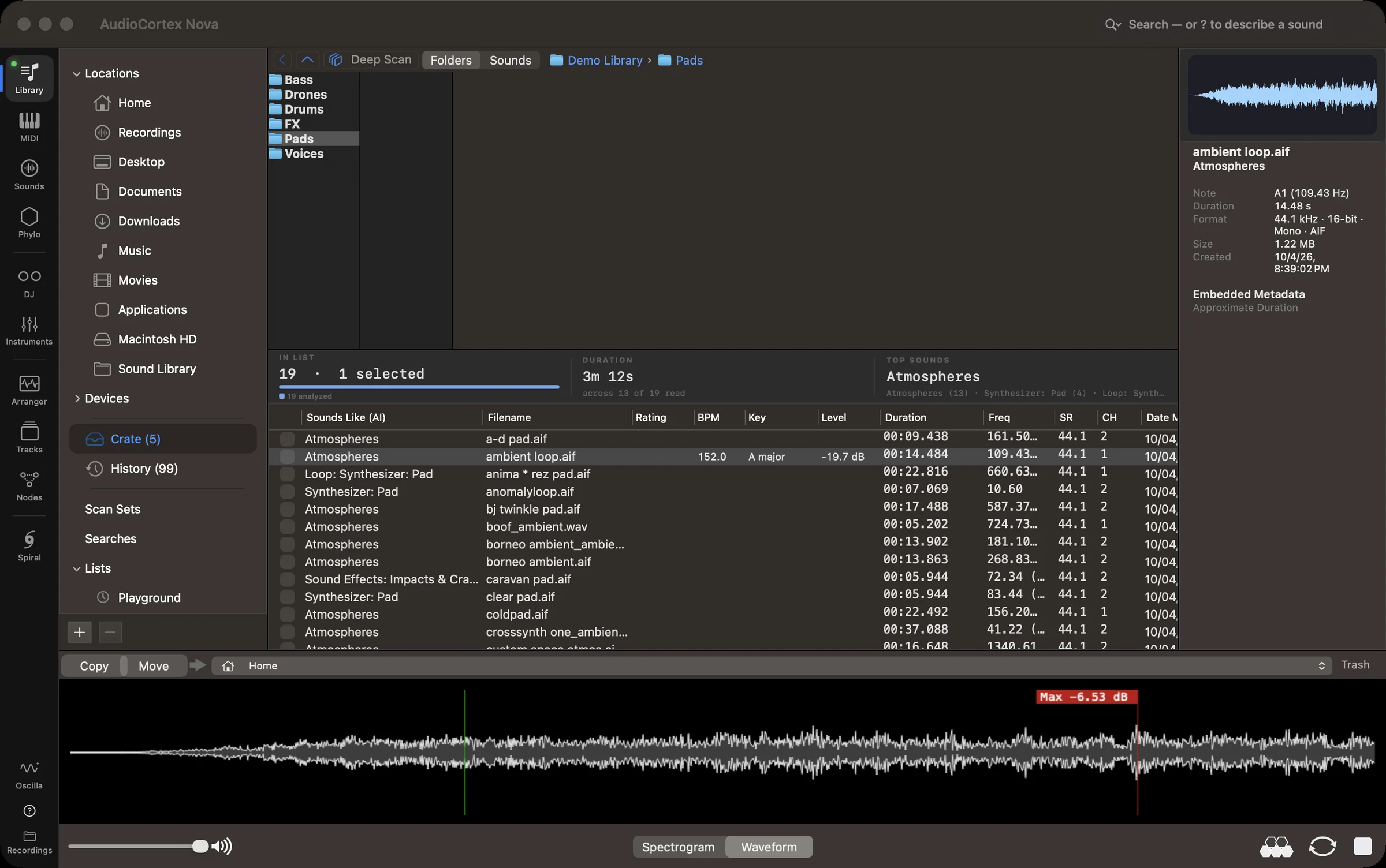 The AudioCortex 2 Library: a folder of pads, every sound analyzed, with what each one sounds like, its tempo, key and level