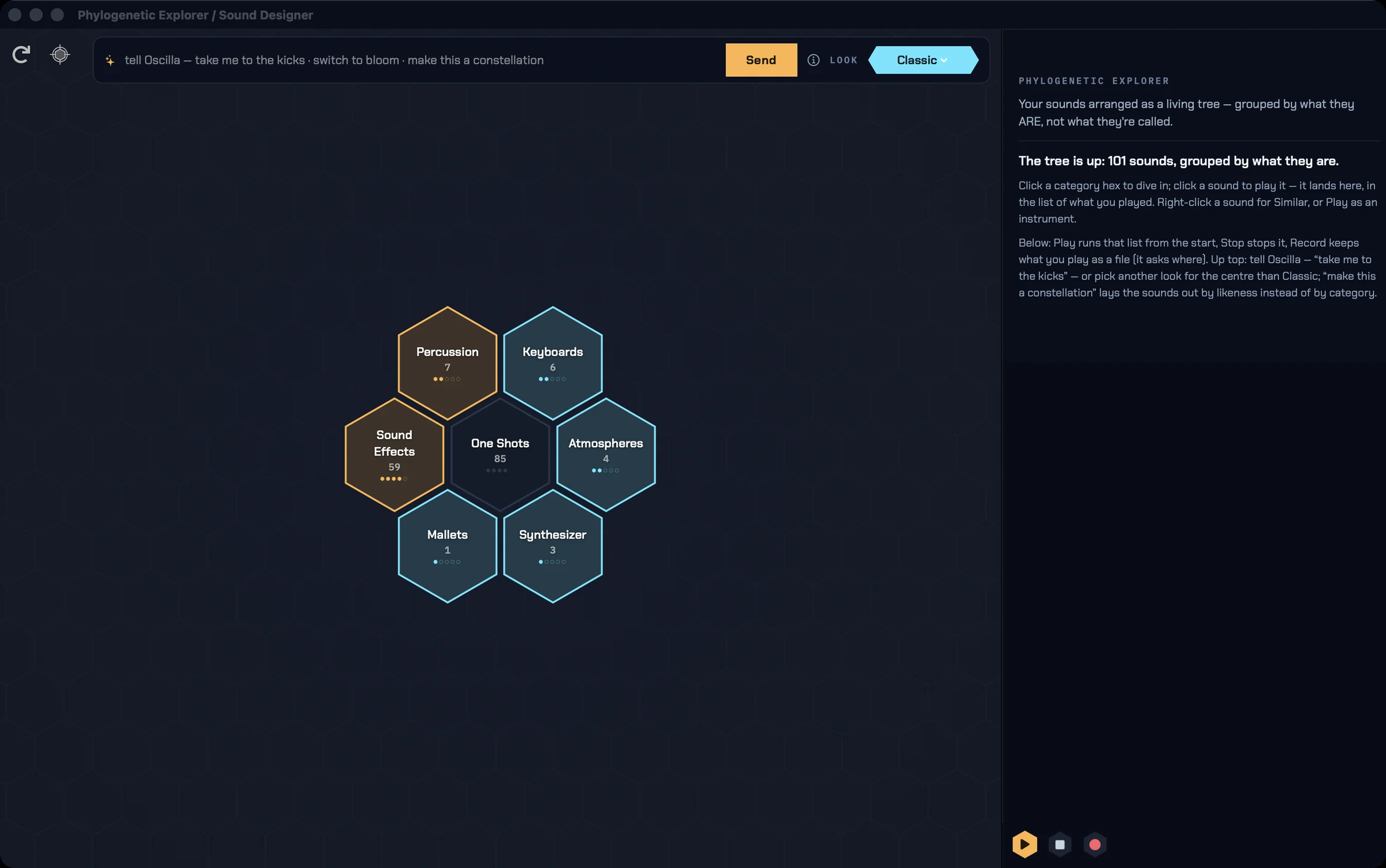 The Phylogenetic Explorer: a library of sounds as a honeycomb of hexes (Percussion, Keyboards, Sound Effects, One Shots, Atmospheres, Mallets, Synthesizer), each with its count