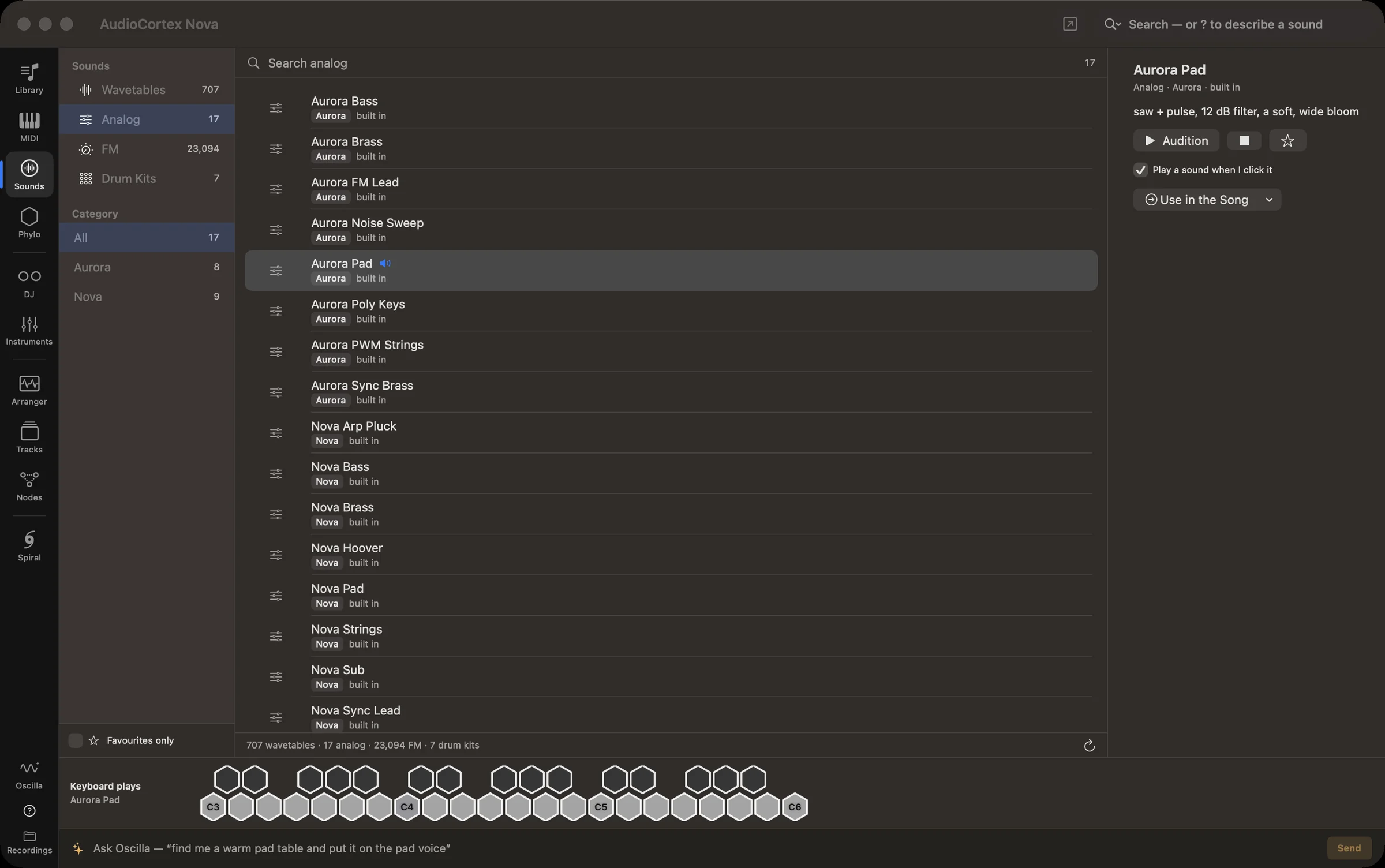 The Sounds room listing analog presets with the selected one playable from the keyboard below