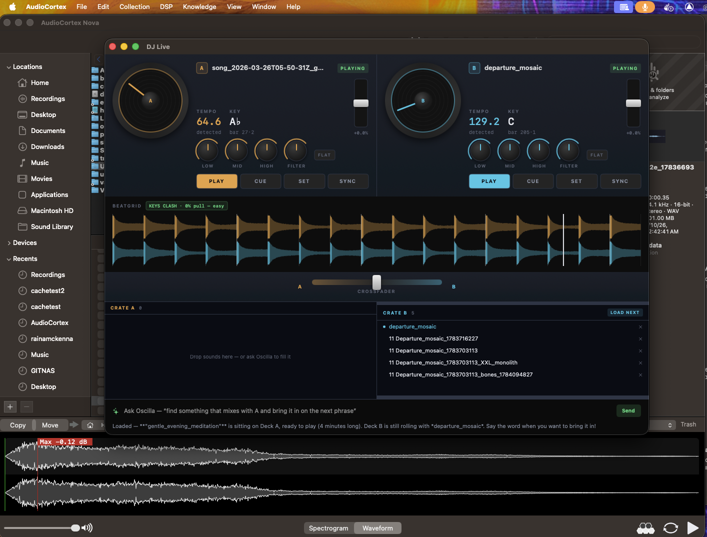 AudioCortex 2 DJ Live view — two decks with detected tempo and key, a dual beatgrid, crossfader, crates, and the Oscilla AI prompt bar