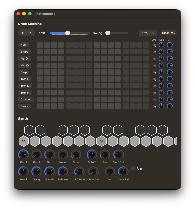 AudioCortex 2 Instruments window — a ten-voice drum machine step sequencer with per-voice tune and volume, above a synth with a hexagonal keyboard, oscillator, filter and envelope controls