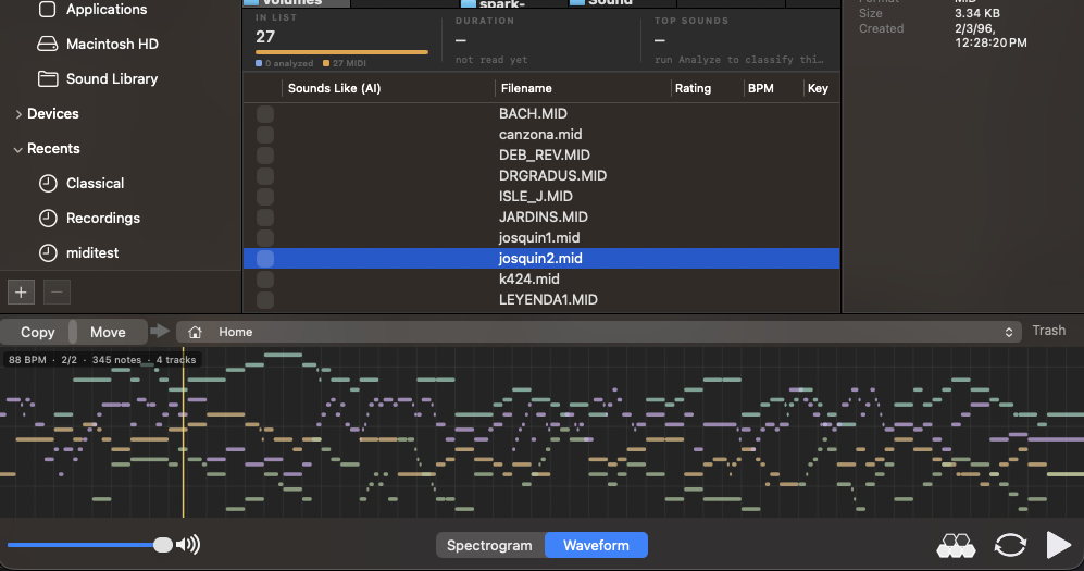 AudioCortex 2 browsing a folder of MIDI files with Sounds Like (AI), rating, BPM and key columns, and the selected file rendered as a live piano roll across the bottom of the window