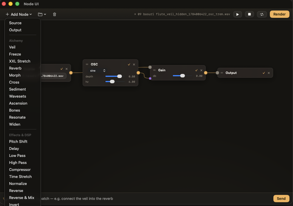 AudioCortex 2 Node UI — a source file wired through an oscillator and gain into an output, with the Add Node menu open showing Alchemy engines like Veil, XXL Stretch, Morph and Wavesets alongside effects and DSP