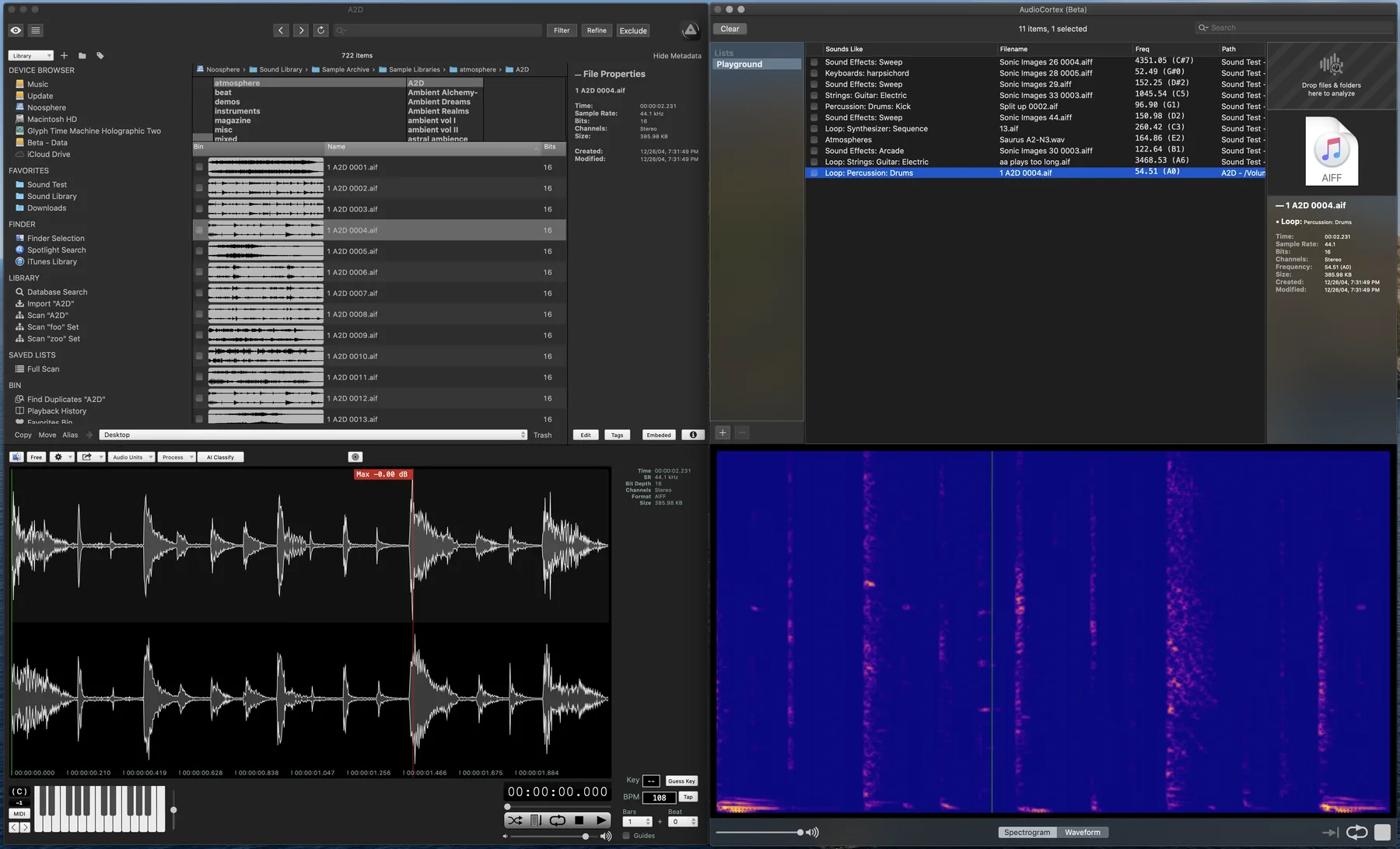 AudioFinder main library window with waveforms